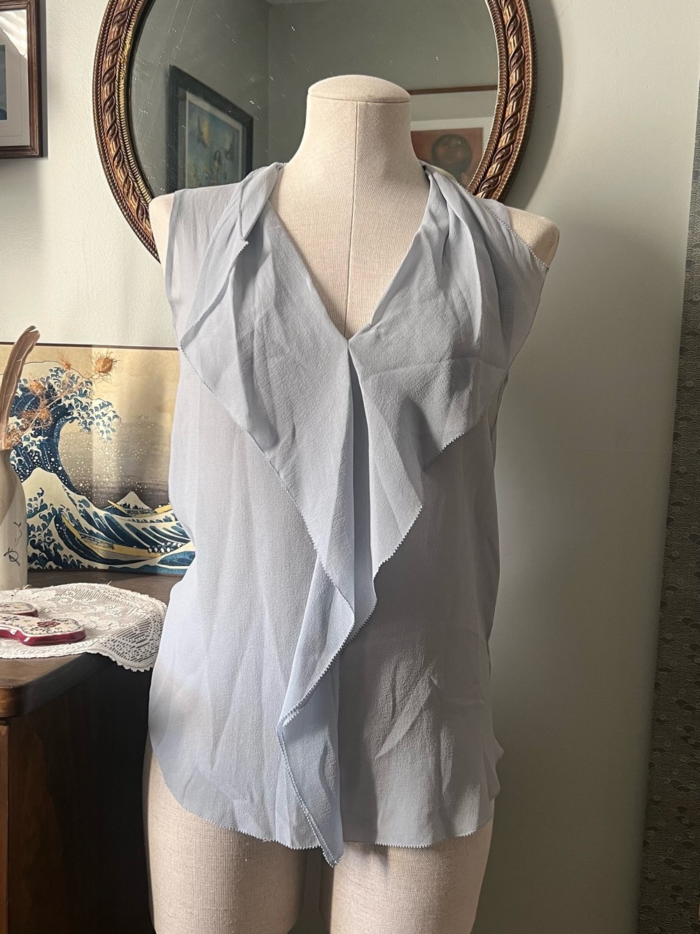 Babaton Light Blue Ruffle V-Neck Sleeveless Camisole
